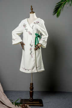 White coral fleece with full embroidery long robe