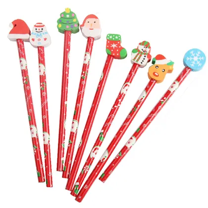 Christmas Red Cute Wooden Pencil Set with Eraser for Kids