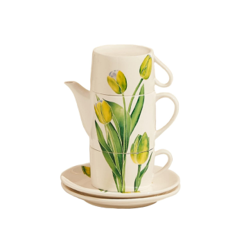 Ceramic Tea Set for Two with Infuser Teapot and Saucers, 13.6oz