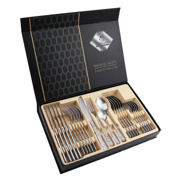 24-Piece Stainless Steel Gold Cutlery Set with Wooden Box - Western Steak Knife, Fork, and Spoon Set for 6 People, Perfect Holiday Gift