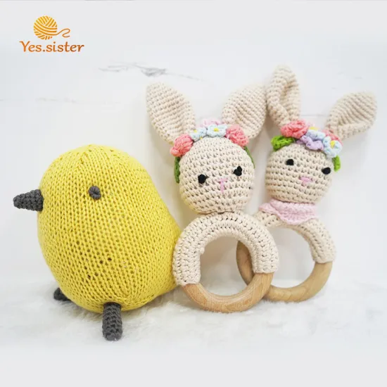 Beech Wooden Ring Crochet Bunny Rattle Teether Toy
