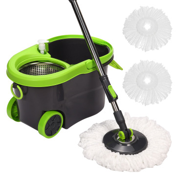 Round 360 Rotating Spin Floor Mop Set with Microfiber Heads and Hands-Free Wringing Bucket