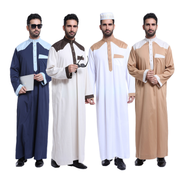 2021 Islamic Clothing New Patchwork Color Button Down Men's Arab Muslim Thobe with Long Sleeves Mandarin Neck