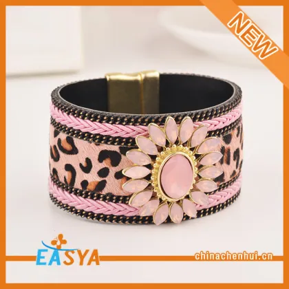 Pink Leopard Wide Leather Bracelet Beautiful Women Wide Leopard Leather Bracelet