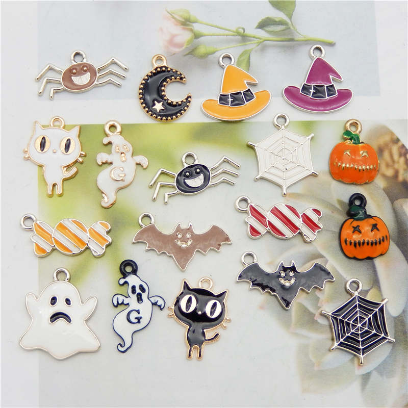 Julie Wang 18PCS Enamel Halloween Charms Mixed Candy Ghost Pumpkin Bat Spider Cat Hat Alloy Pendant Jewelry Making Accessory