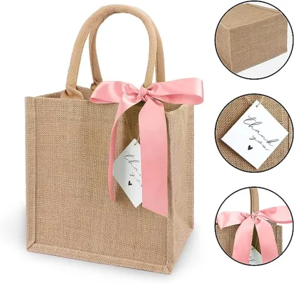 Wholesale Pink Ribbon Logo Tote Bags Made of Hessian Burlap Jute