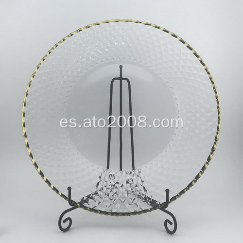 Cena con plato de vidrio transparente con borde dorado (1)
