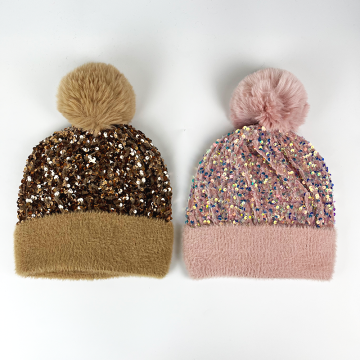 Wholesale Low MOQ Custom Color Big Fake Fur Shiny Pom Pom Beanie Hats for Winter