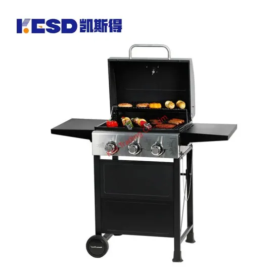 Backyard Outdoor Kitchen Gas Grill Portable 4 Burner Trolley Cart Stainless Steel Gas Commercial Grill with Cabinets Wheels