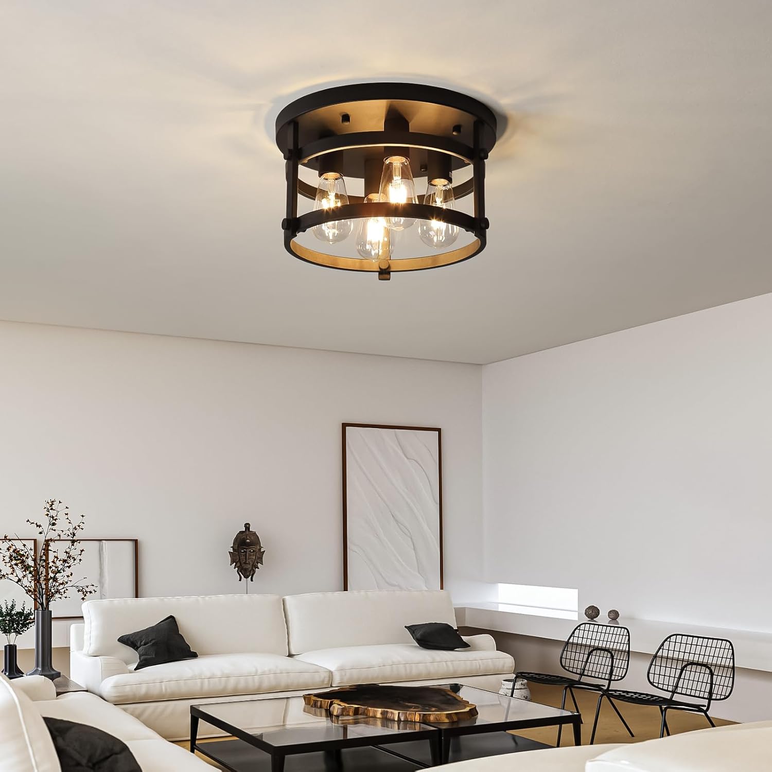 4-Light Retro Farmhouse Flush Mount Round Vintage Metal Ceiling Light Fixtures, Rustic Ceiling Lamp for Kitchen Island Hallway Entryway Bedroom Dining Room