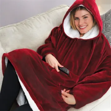 Plush Coral Fleece Wearable Blanket With Sleeves Pocket