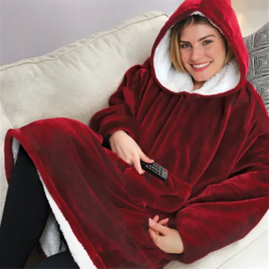 Plush Coral Fleece Wearable Blanket With Sleeves Pocket
