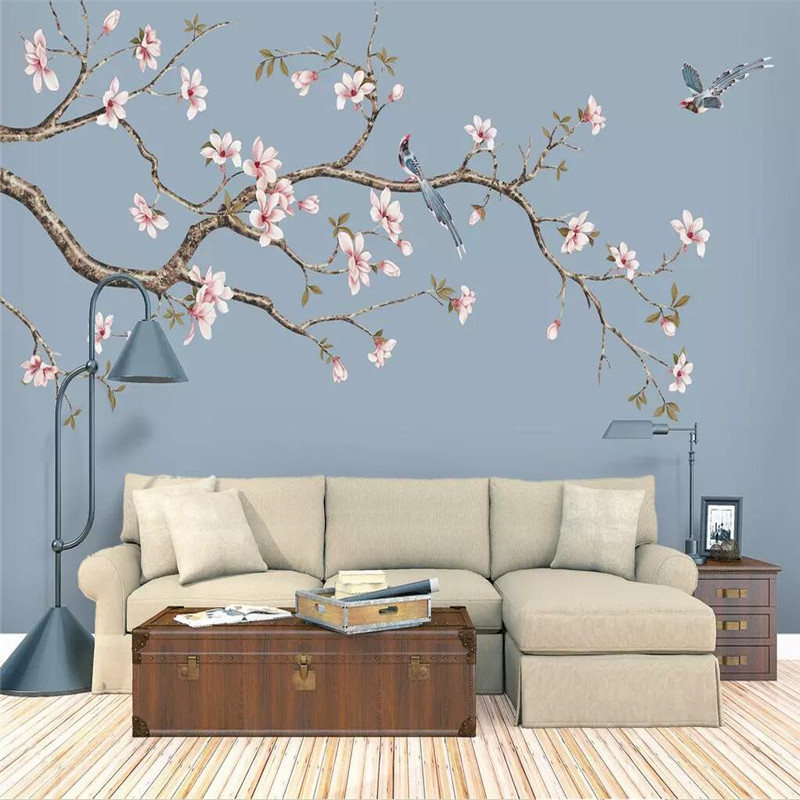 Custom Mural Wallpaper Magnolia Chinese Hand Painted Flowers And Birds Background Wall Painting