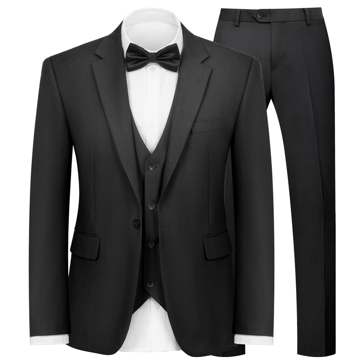 WYWK Men's 3-Piece Suit Banquet Prom Wedding Set-Black-XXS