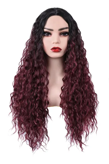 Long Curly Wigs Burgundy Wavy Wig for Women 26 Inch Middle Part Synthetic Heat Resistant Hair for Daily Party Use