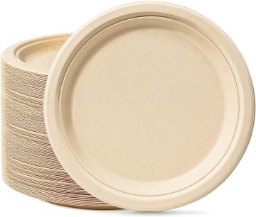 Sugarcane Disposable Paper Plates - 50 Pack 10 Inch Brown Plates for Picnics, Weddings, Parties, and BBQ