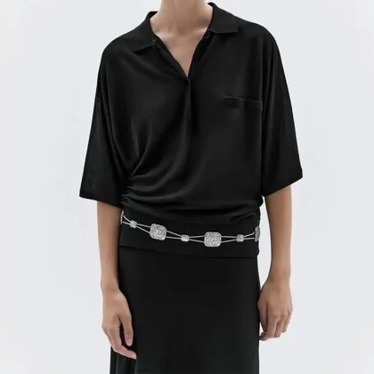 Women's urban minimalist commuting style bat sleeve knitted polo shirt