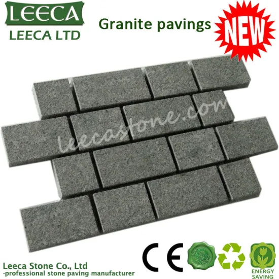 Running bond tumbled gray granite paving stone
