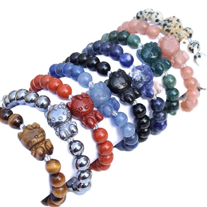 Healing Crystal Adjustable Stretch Bracelet Cat Carvings
