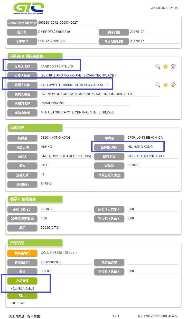 RCA Cable-USA นำเข้าข้อมูล B / L