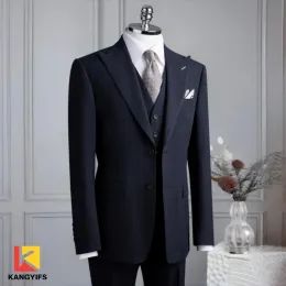 Business Evening Wear Navy Blue Fine Check Suit