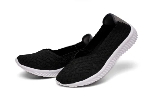 Womens Black Fashionable Woven Flats Ladies Ballerina Shoes