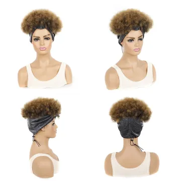 Cheap Short Ombre Puffy Kinky Curly Afro Turban Headband Wig Drawstring Heat Resistance Synthetic Headband Wigs For Black Women