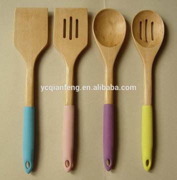 Wood Utensils 3-Pieces Set, Made of Beech wwod with Silicone sleeve Handle