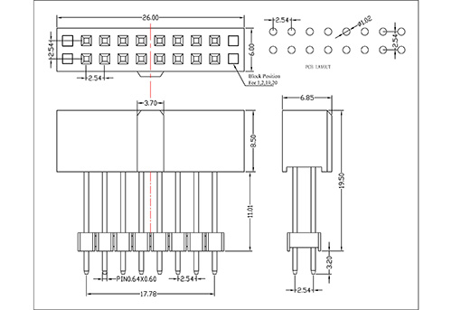 2.54 mm Female Header +Add Plastic 2x10P Straight Type H=19.5 PC104E07-XXDXXX