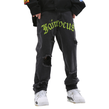 Men's Embroidered Loose Jeans with Print Crucifix Rips for Streetwear