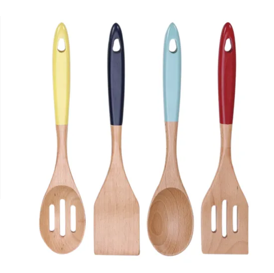 Wooden cooking utensil set with color handle