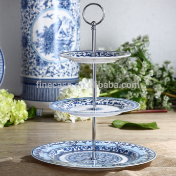 Elegant Style Fine White Porcelain 3 Tier Blue and White Cake Stand