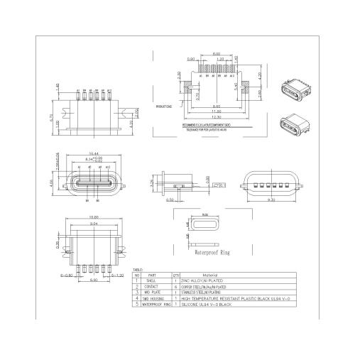 Type-C Female Waterproof 90° SMT Offset Type