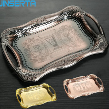 JINSERTA Metal Serving Tray Retro Dessert Cake Plate Tea Cup Coffee Tray with Handle for Home Party Wedding Hotel Cafe Decor