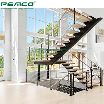 Foshan Modern Wooden Floating Stairs with Single Stringer and Tube Railing