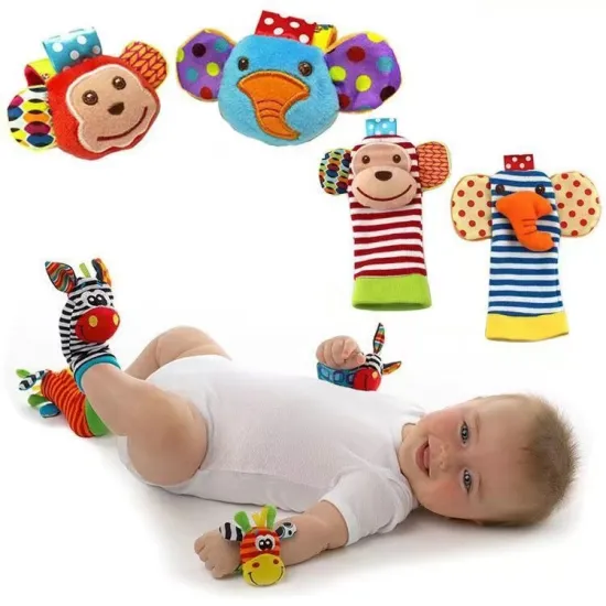 Soft Fabric Baby Toys: Donkey, Giraffe, Deer, Monkey Rattle Bracelets, Wristbands, Socks & Foot Finders