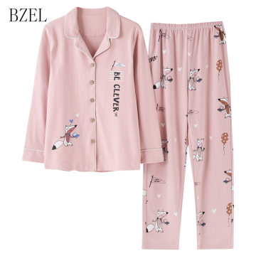 BZEL Cotton Sleepwear Long Sleeve Pajamas For Women Cartoon Fox Homewear Pink Pijama Mujer Sleep Lounge Leisure Home Cloth M-3XL