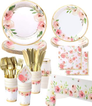 Floral Paper Plate and Napkin Party Supplies for 20 Guests - Bridal Shower Plates, Cups, Knives, and Forks