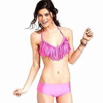 Lovely pink women's triangle bikinis, ruched at back, sit low on hips, limited bottom coverage