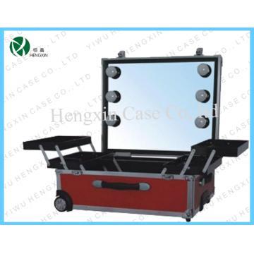 Trolley red Cosmetic Makeup Case with Light with Mirror