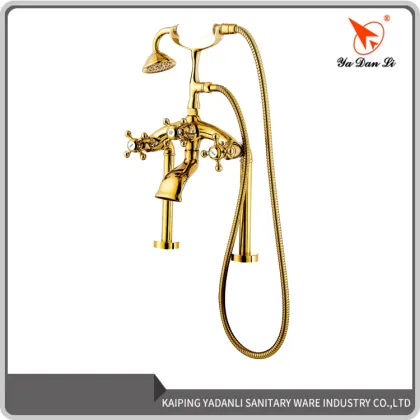 Golden Plated Brass Triangle Handle Deck Mount Tub Faucet with Telephone Hand Shower