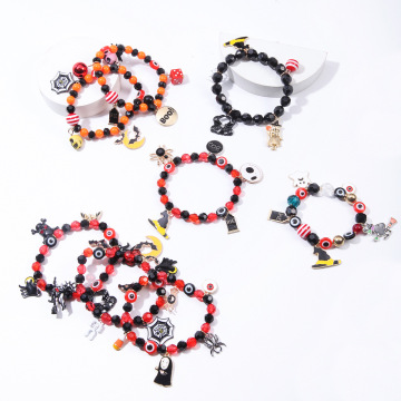 Gelang Skull menakutkan Halloween - Gelang Stretch Manik dengan Bat Orange dan Pesona Labu