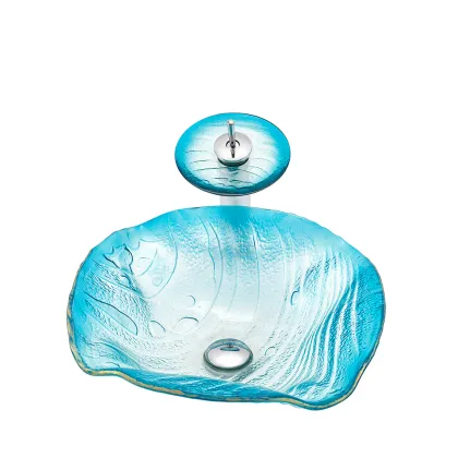 Sky Blue Crystal Tempered Glass Washbasin for Art Hotel Bathroom