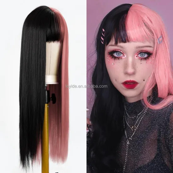 Lolita Cosplay Wig Half Color Long Straight Halloween Wigs Two Tone Ombre Color For Women Girl Wigs