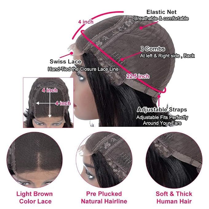 4x4 water wave human hair lace closure wig
