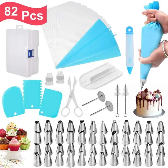 New 82-Piece Cake Decorating Kit: Piping Tips, Icing Bags & Tools