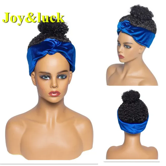 Wholesale Hair For Black Women Ladies Scarf Wig Blue Hairband With Bun Short Afro Kinky Curly Headband Wig Synthetic Hair Wigs