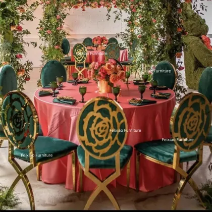 Stainless Steel Cross Legs Rose Back Emerald Green Wedding Chair