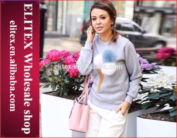 Wholesale grey ice cream fur decorated long sleeves sweatshirt women