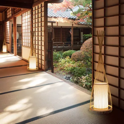 Bamboo Weaving Style Wooden Tripod Floor Lamp